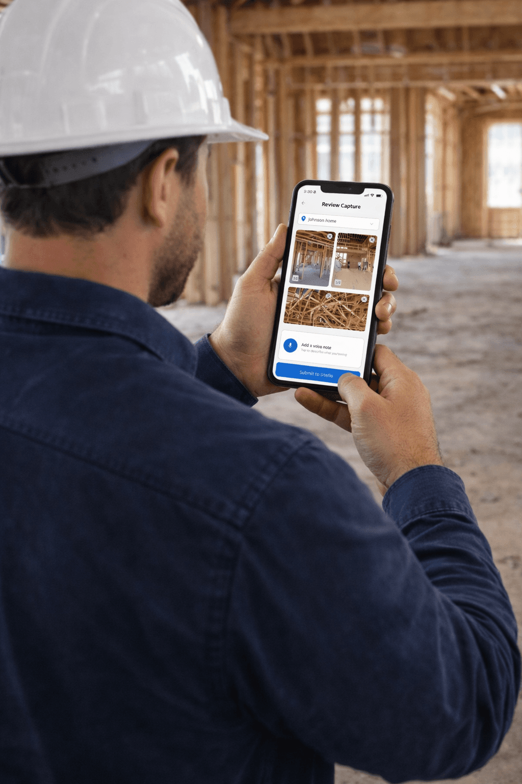 Field worker reviewing captured framing photos in the Siteflo app