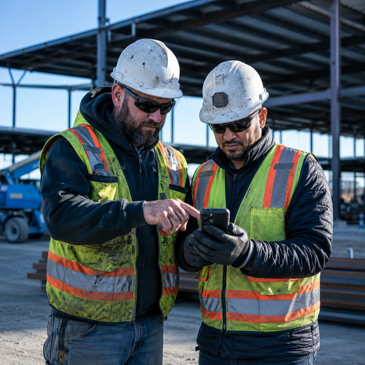 Two workers checking the app on a phone on site