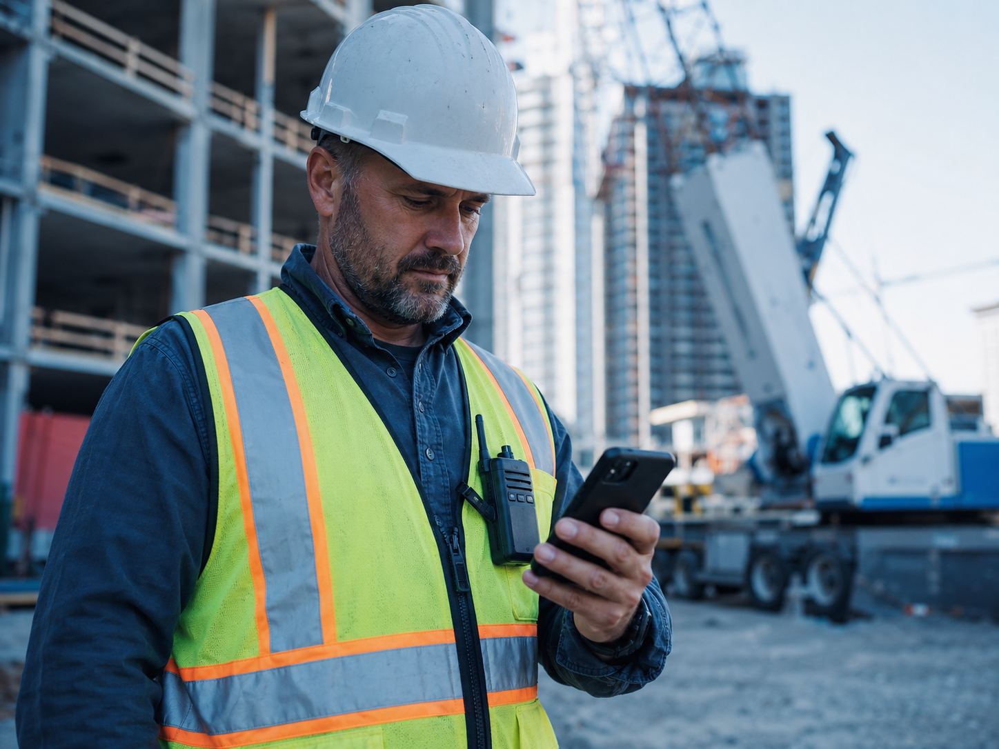 Foreman reading an automated stage-complete notification on his phone